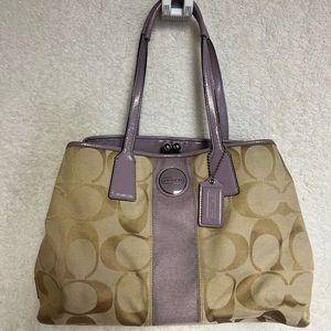 Lavender & tan Coach kiss lock purse